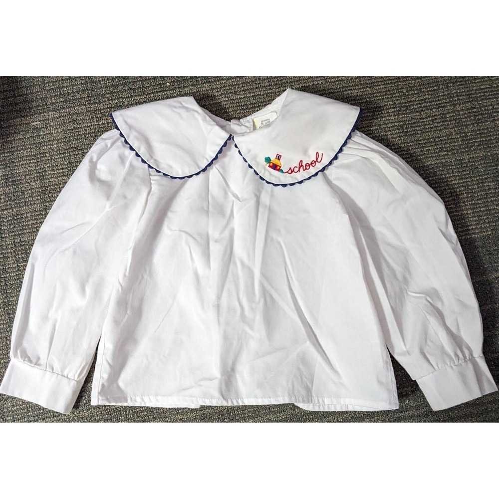 Vtg Girls 2T Embroidered Collar Shirt White Long Sleeve School Puffy‎ Toddler